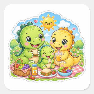 Schattige Dinosauriër Familie Cartoon Kunst Vierkante Sticker