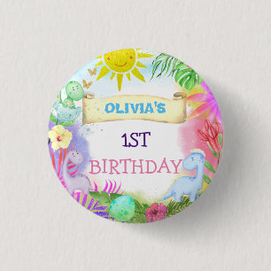 Schattige Dinosauriërs Bloem Glitter Baby Meisje V Ronde Button 3,2 Cm
