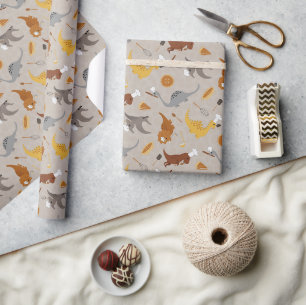 Schattige dinosauriërs die koken in beige en bruin cadeaupapier