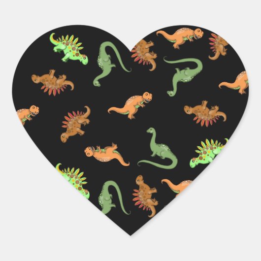 Schattige dinosauriërs op zwarte achtergrond hart sticker (Voorkant)