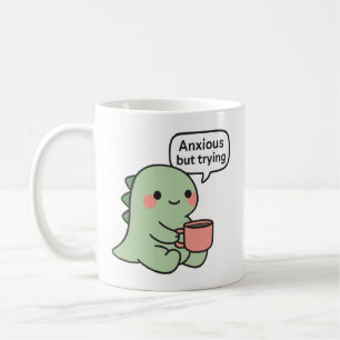Schattige Dinosaurus Angstig Maar Pogend Koffiemok