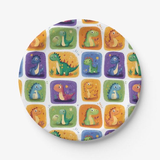Schattige Dinosaurus Collage Pattern – Leuke & Spe Papieren Bordje (Voorkant)