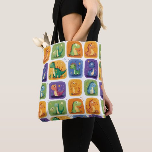 Schattige Dinosaurus Collage Pattern – Leuke & Spe Tote Bag (Dichtbij)