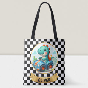 Schattige dinosaurus die een raceauto bestuurt tote bag