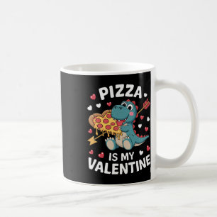 Schattige dinosaurus die pizza vasthoudt voor een koffiemok