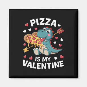 Schattige dinosaurus die pizza vasthoudt voor een magneet