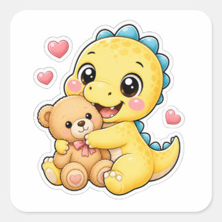 Schattige dinosaurus die teddybeer omhelst vierkante sticker