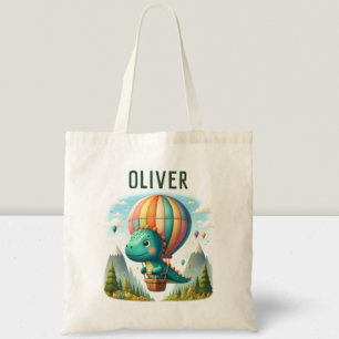Schattige dinosaurus die vliegt in een hete luchtb tote bag