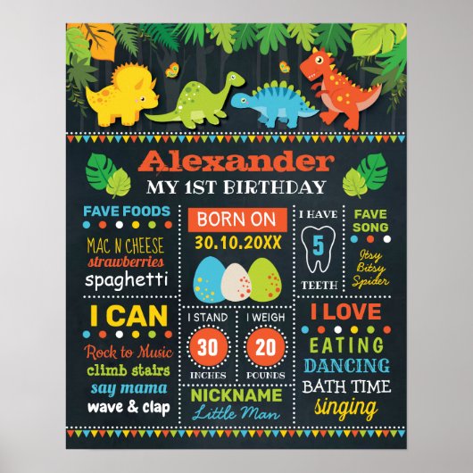 Schattige Dinosaurus Jongens Geboorte Stats Verjaa Poster (Voorkant)