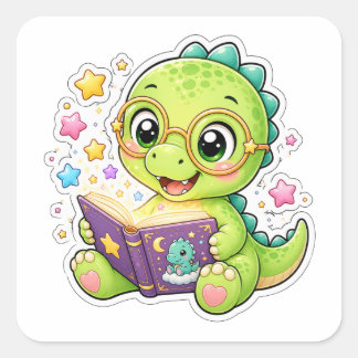 Schattige dinosaurus leest voor uit een prentenboe vierkante sticker