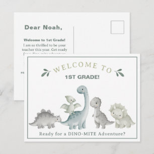 Schattige dinosaurus leraar welkom in het eerste l briefkaart