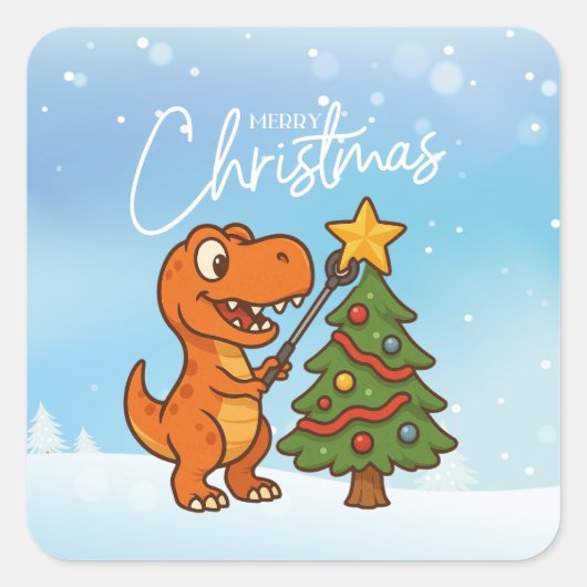 Schattige dinosaurus met kerstboom vierkante sticker (Voorkant)