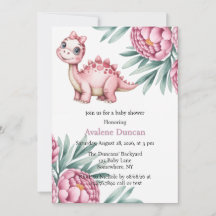 Schattige dinosaurus met roze pioen meisje baby sh