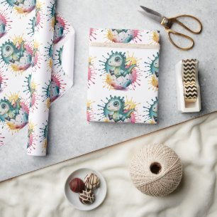 Schattige dinosaurus met waterverfspatten baby sho cadeaupapier