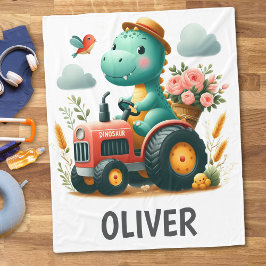 Schattige dinosaurus op rode tractor  fleece deken