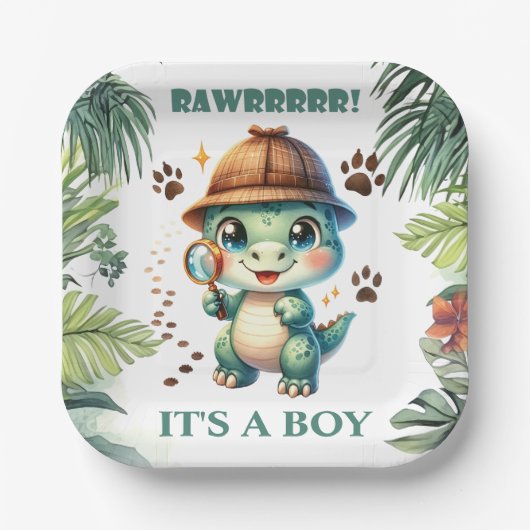Schattige Dinosaurus Theme Baby shower Papieren Bordje (Voorkant)