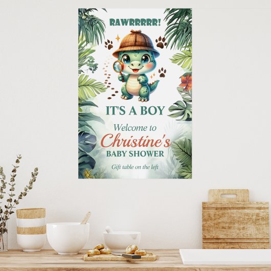 Schattige Dinosaurus Theme Baby shower Poster (Keuken)