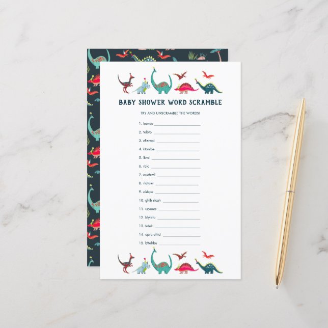Schattige Dinosaurus Word Scramble Baby shower spe (Voorkant / Achterkant in situ)