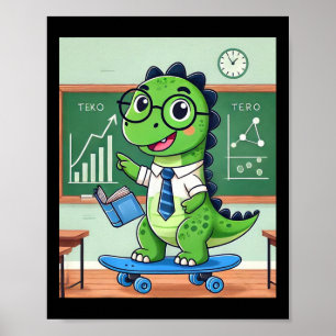 Schattige dinosaurusleraar skateboarden in het kla poster