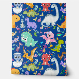 Schattige dinosauruspatroon op blauw | behang