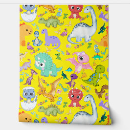 Schattige dinosauruspatroon op geel | behang