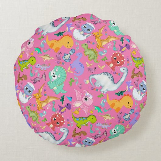 Schattige dinosauruspatroon op roze | rond kussen (Achterkant)