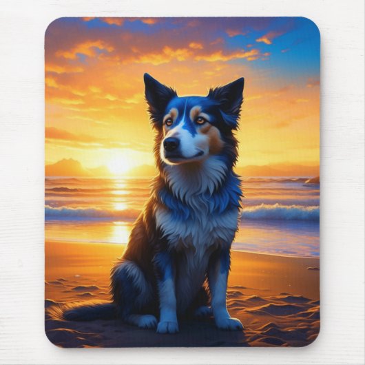 Schattige Dog bij Sunset Serene Ocean Beach Muismat (Voorkant)