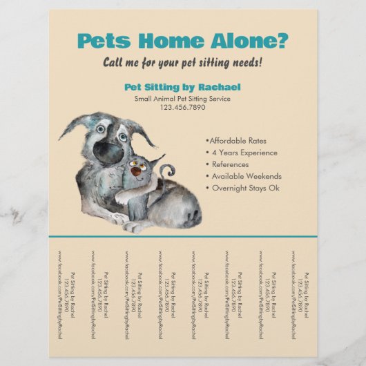 Schattige Dog Cat Pet Sitter Ad Scheur Blad Flyer (Voorkant)