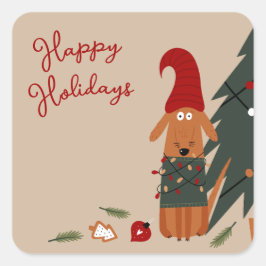 Schattige Dog & Christmas Tree Mischief Vierkante Sticker