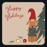 Schattige Dog & Christmas Tree Mischief Vierkante Sticker<br><div class="desc">Onze Schattigee Dog & Christmas Tree Mischief Sticker heeft een afbeelding van Rusty de speelse pup die helpt bij het versieren van de kerstboom en het maken van wat onheil door zich te laten inpakken in kerstboomlichten en een paar items van de boom te slaan! Prettige feestdagen De tekst zegt...</div>