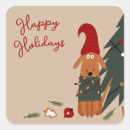 Schattige Dog & Christmas Tree Mischief Vierkante Sticker