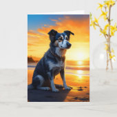Schattige Dog on Beach bij zonsondergang | Gefelic Kaart (Gele Bloem)