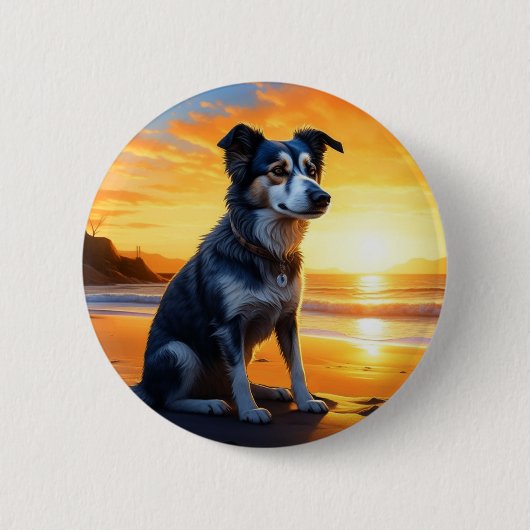 Schattige Dog on Beach bij zonsondergang Ronde Button 5,7 Cm (Voorkant)