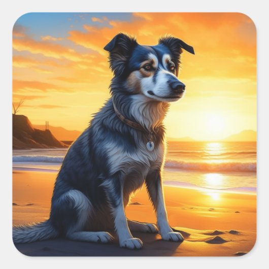 Schattige Dog on Beach bij zonsondergang Vierkante Sticker (Voorkant)