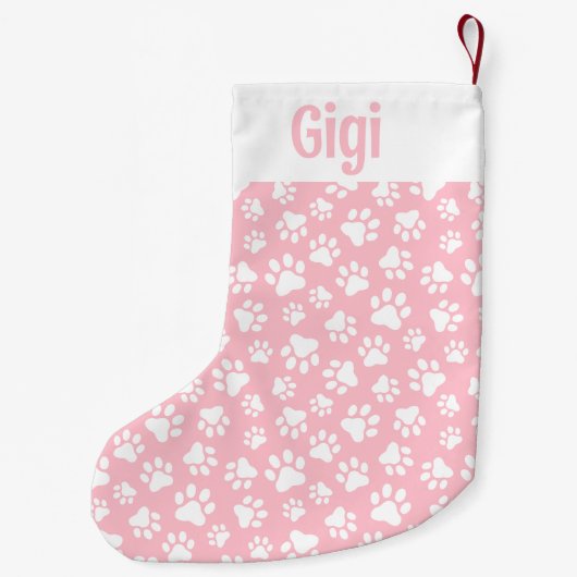 Schattige Dog Paw Pattern Wit en Pastel Roze Kleine Kerstsok (Achterkant)