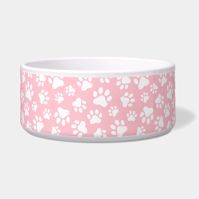 Schattige Dog Paw Pattern Wit en Pastel Roze Voerbakje (Voorkant)