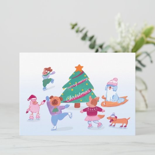 Schattige Dogs Schaatsen zacht blauw Flat Holiday  Feestdagenkaart (Staand voorkant)