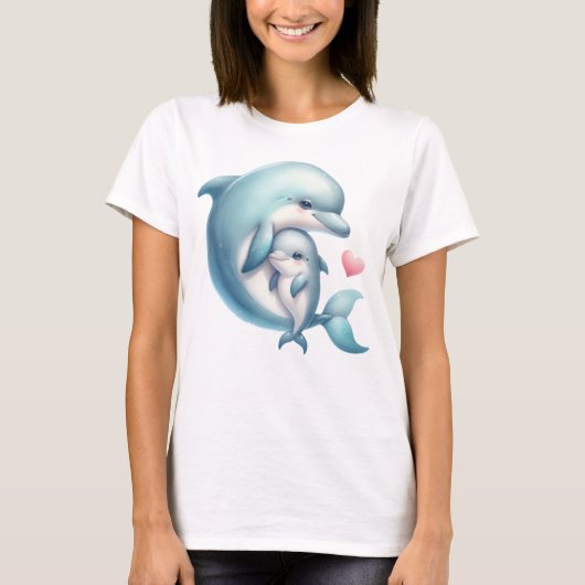 Schattige Dolfijn Moeder en Baby Hart Illustratie T-shirt (Voorkant)
