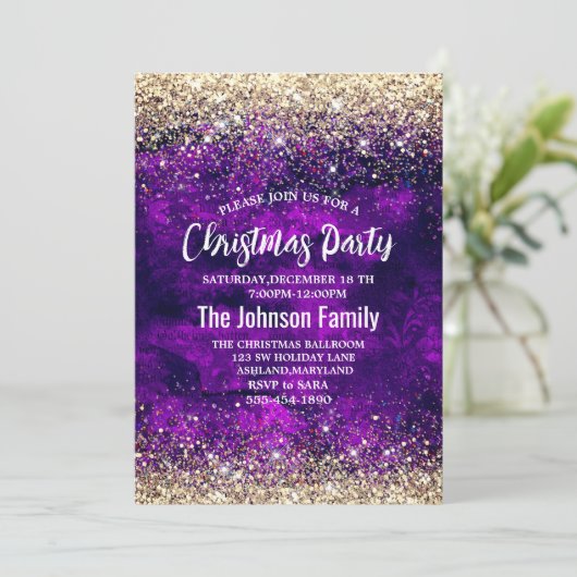 Schattige donker paarse gouden faux glitter kerst kaart (Staand voorkant)
