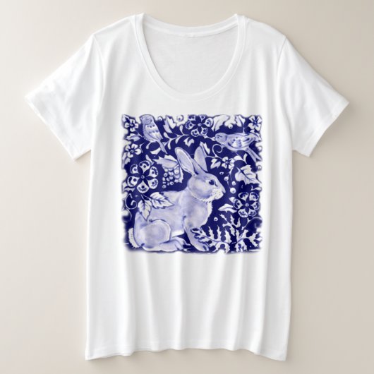 Schattige Donkerblauw Konijnenbos Vogel Bloemen Un Grote Maat T-shirt (Design voorkant)