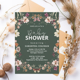 Schattige Donkergroen Boho Wildflower Modern Baby Kaart