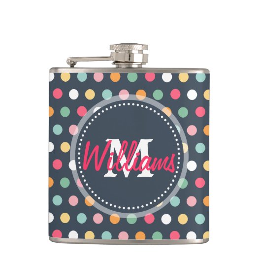 Schattige, donkerkleurige monogram polka-stippen heupfles (Voorkant)