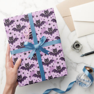 Schattige donkerpaarse Halloween-vleermuizen Cadeaupapier