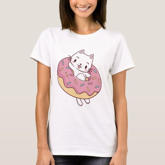Schattige Donut Cat T-shirt – Leuke Kawaii Kat Gra (Voorkant)