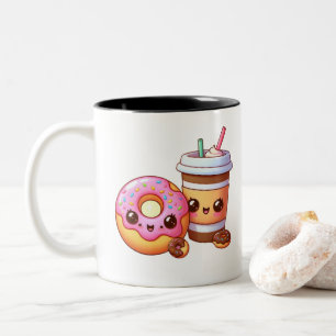 Schattige Donut & Coffee – Food Kawaii Art Tweekleurige Koffiemok