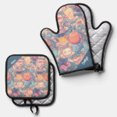 Schattige Doodle Art Oven Mitt en Pot Houders Ovenwant & Pannenlap Set (Voorkant / Achterkant)