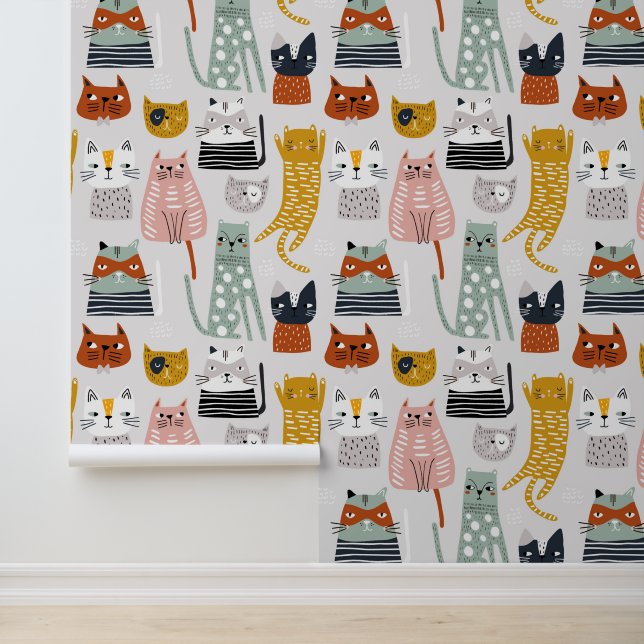 Schattige Doodle Hand getrokken kattenpatroon Behang (Applicatie)