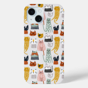 Schattige Doodle Hand getrokken kattenpatroon iPhone 15 Case
