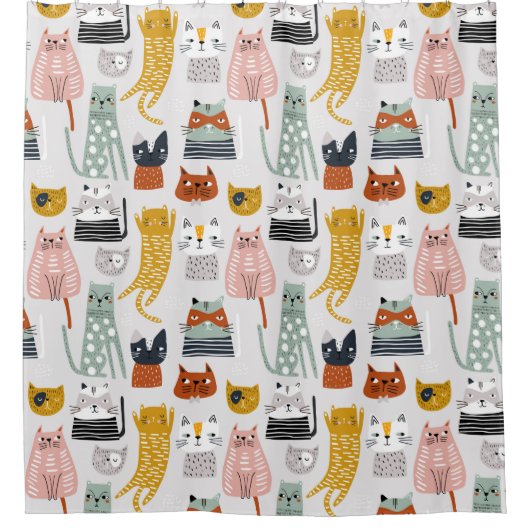 Schattige Doodle Hand getrokken kattenpatroon Douchegordijn (Voorkant)