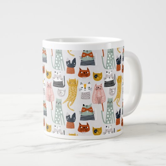 Schattige Doodle Hand getrokken kattenpatroon Grote Koffiekop (Voorkant rechts)